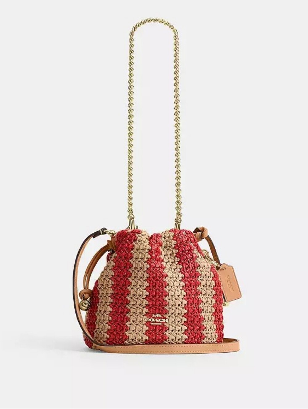 COACH Red & Cream Striped Crochet Drawstring Bucket Bag